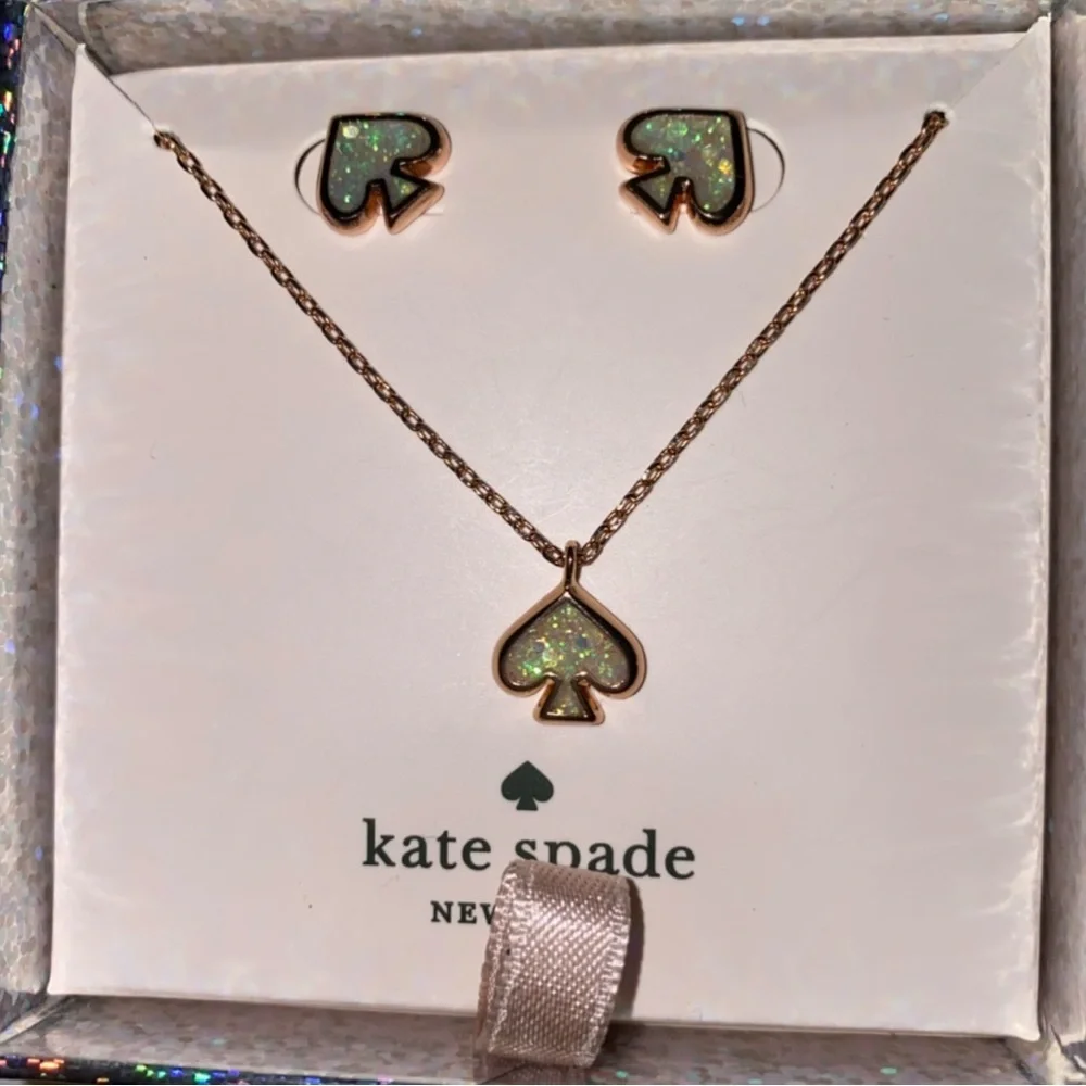 NWT/NIB Kate Spade Gold Necklace and Earrings (Glitter Opal)
